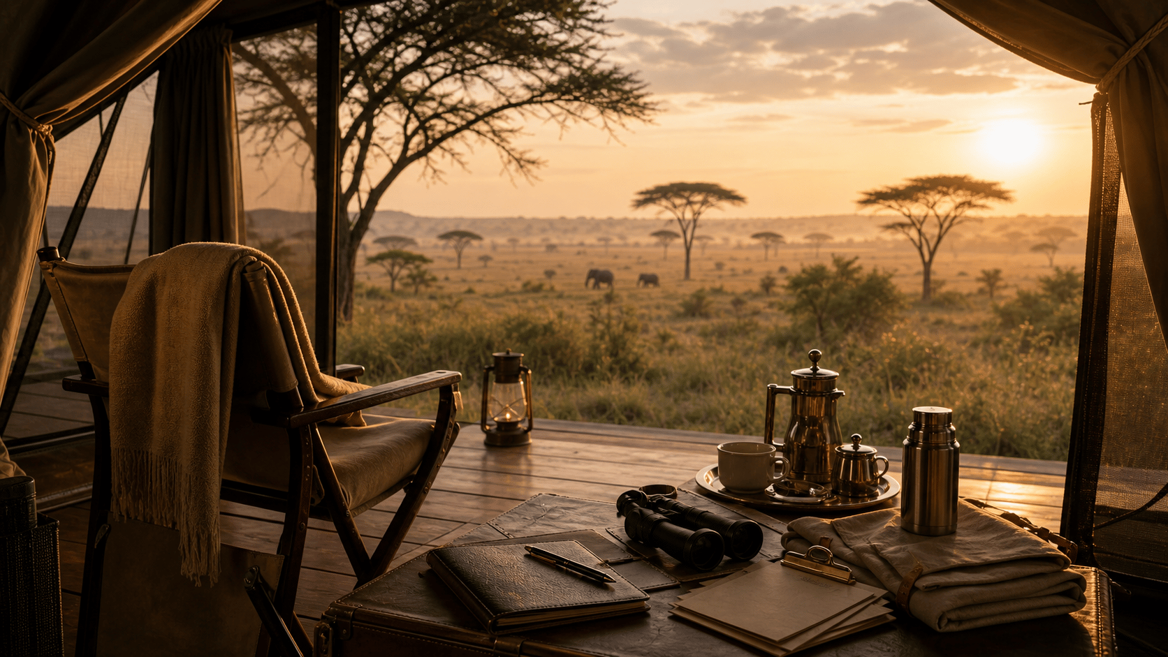 Abercrombie & Kent East Africa Safari — Is It Worth It? shown as luxury tented camp dawn selection for VIAIVE, with canvas deck, binoculars, field thermos.