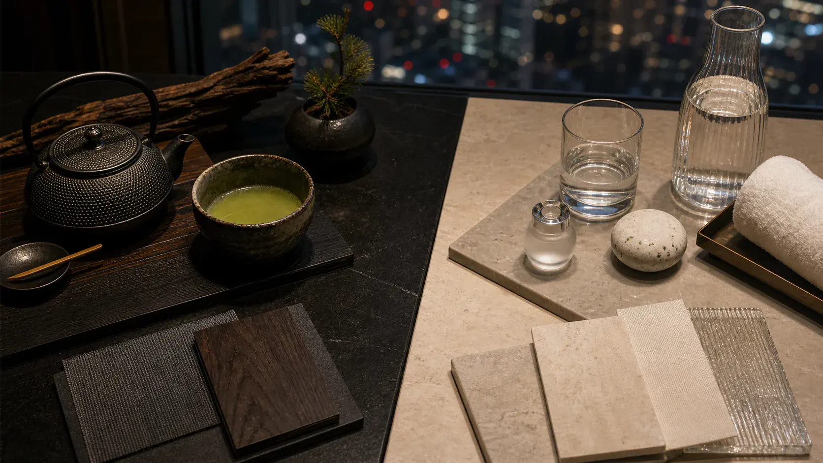 Aman Tokyo vs. Janu Tokyo shown as Tokyo hotel mood comparison material split for VIAIVE, with tea service, wellness glassware, black stone.