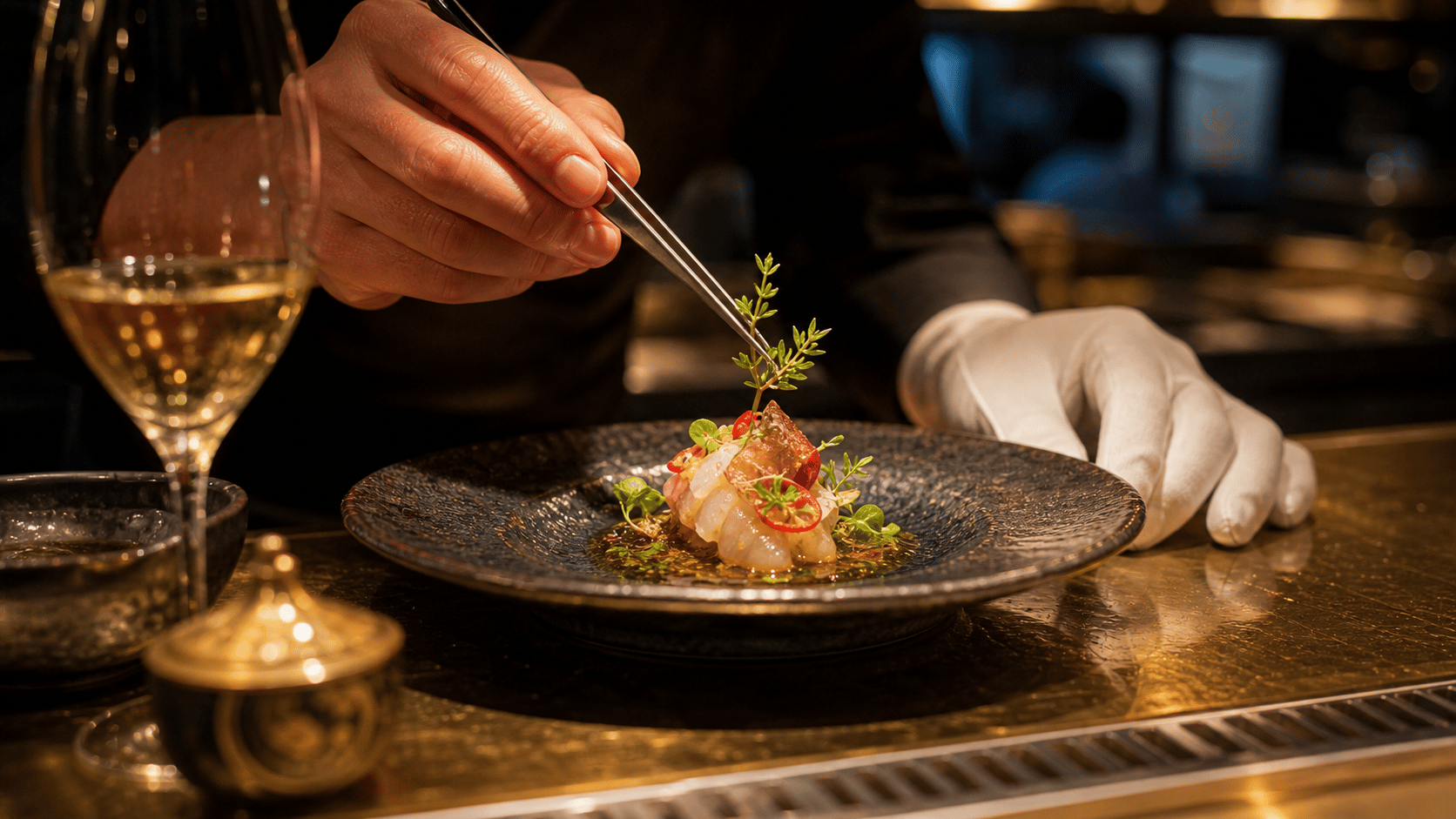 Bangkok’s Michelin Constellation shown as Bangkok chef counter plating moment for VIAIVE, with ceramic plate, brass counter, sommelier glassware.