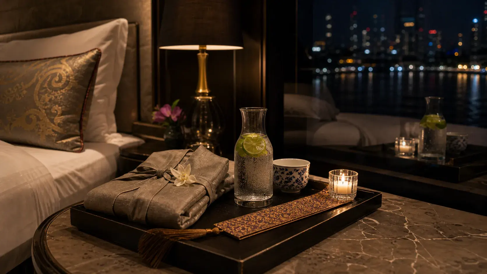 Capella Bangkok — River Suite shown as Bangkok river-suite turn-down detail for VIAIVE, with Thai silk, bedside marble, river reflection.