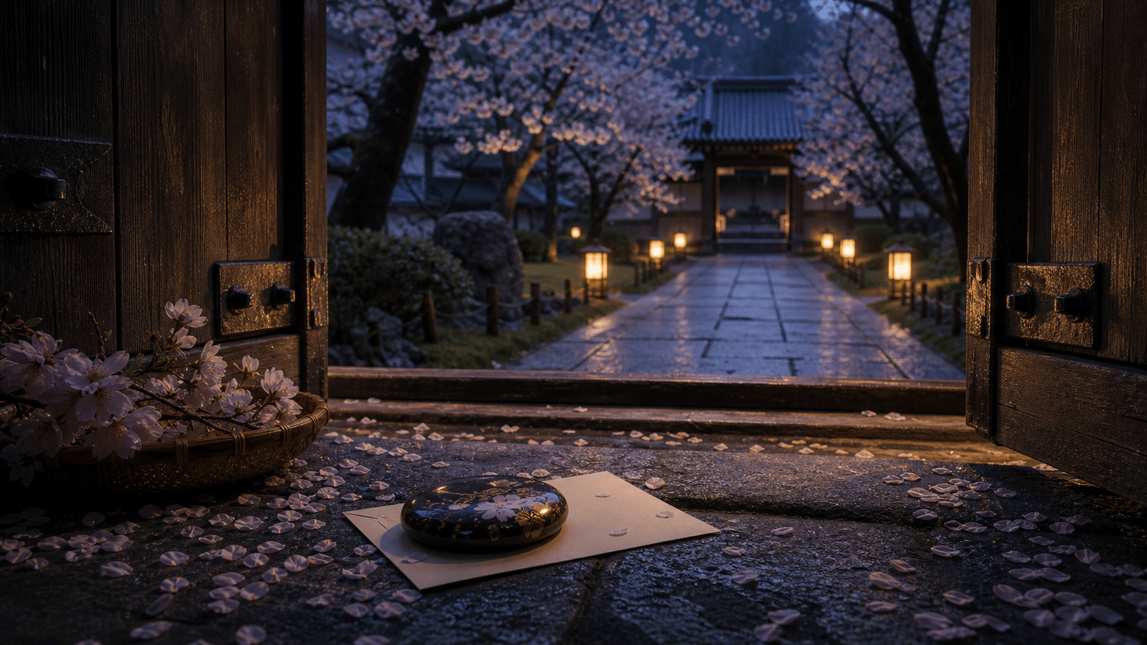 Cherry Blossom Lead Time shown as pre-dawn blossom garden gate scarcity for VIAIVE, with fallen petals, lacquer paperweight, lantern path.
