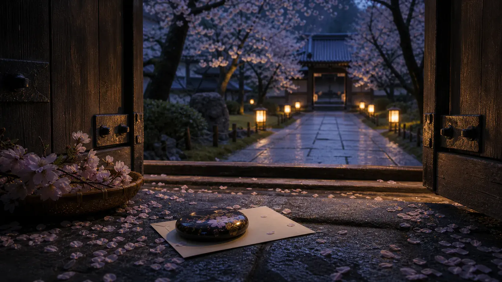 Cherry Blossom Lead Time shown as pre-dawn blossom garden gate scarcity for VIAIVE, with fallen petals, lacquer paperweight, lantern path.
