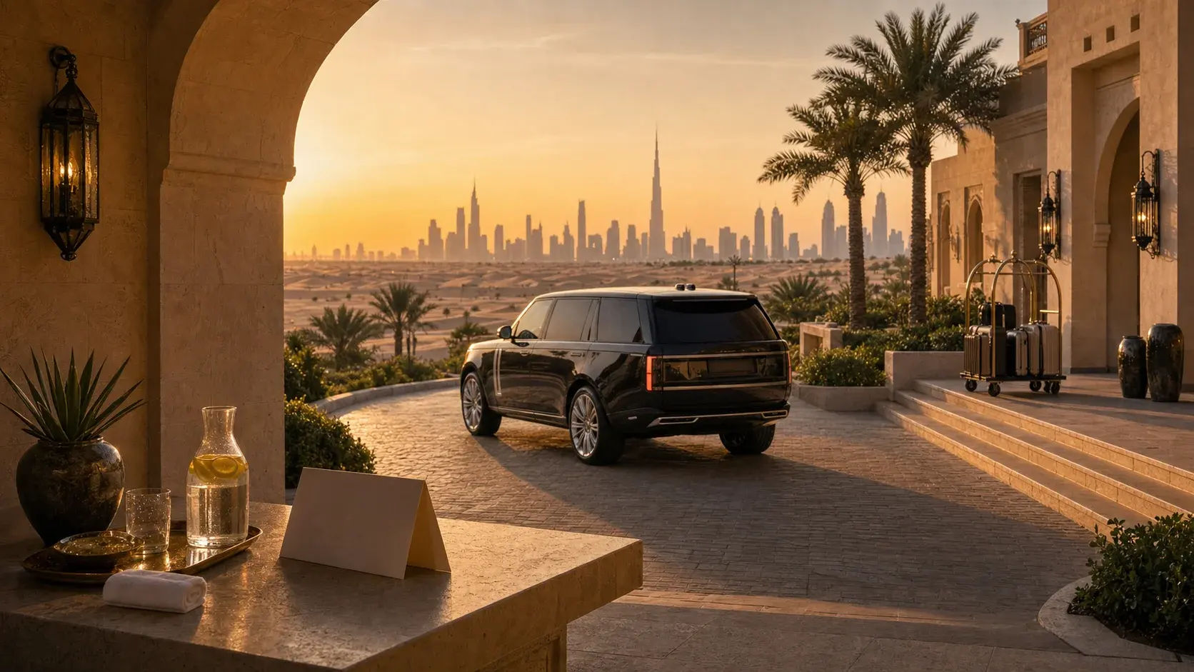 Dubai, UAE shown as desert-to-city private arrival for VIAIVE, with limestone arch, tailored luggage, desert sunset.