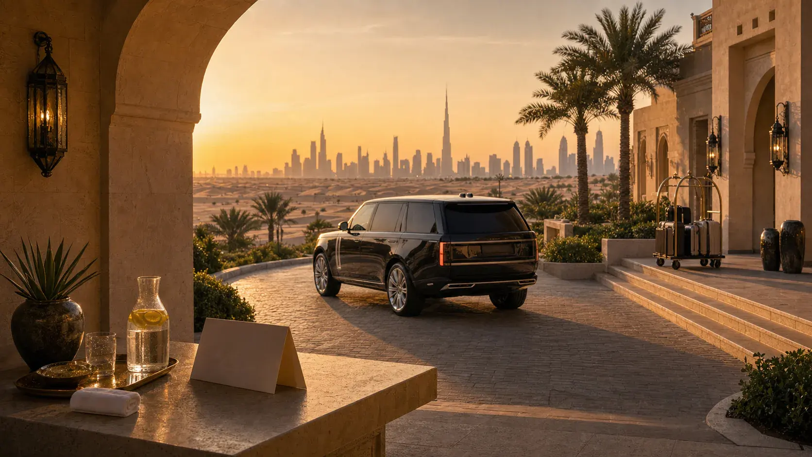 Dubai, UAE shown as desert-to-city private arrival for VIAIVE, with limestone arch, tailored luggage, desert sunset.
