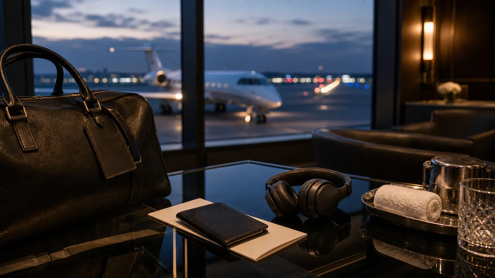 Illustrative private aviation transfer-planning scene for Thai island itineraries, with jet silhouette, leather duffel, and smoked glass.