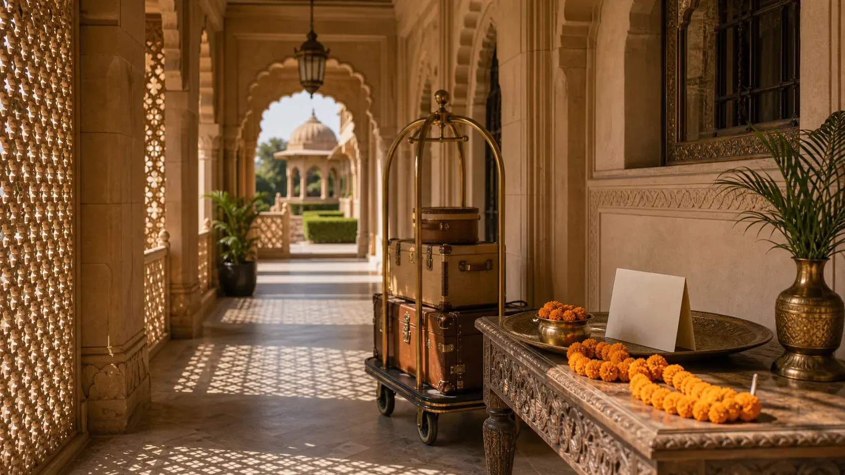 India palace-circuit arrival with Golden Triangle, Udaipur, wilderness, and transfer atmosphere.
