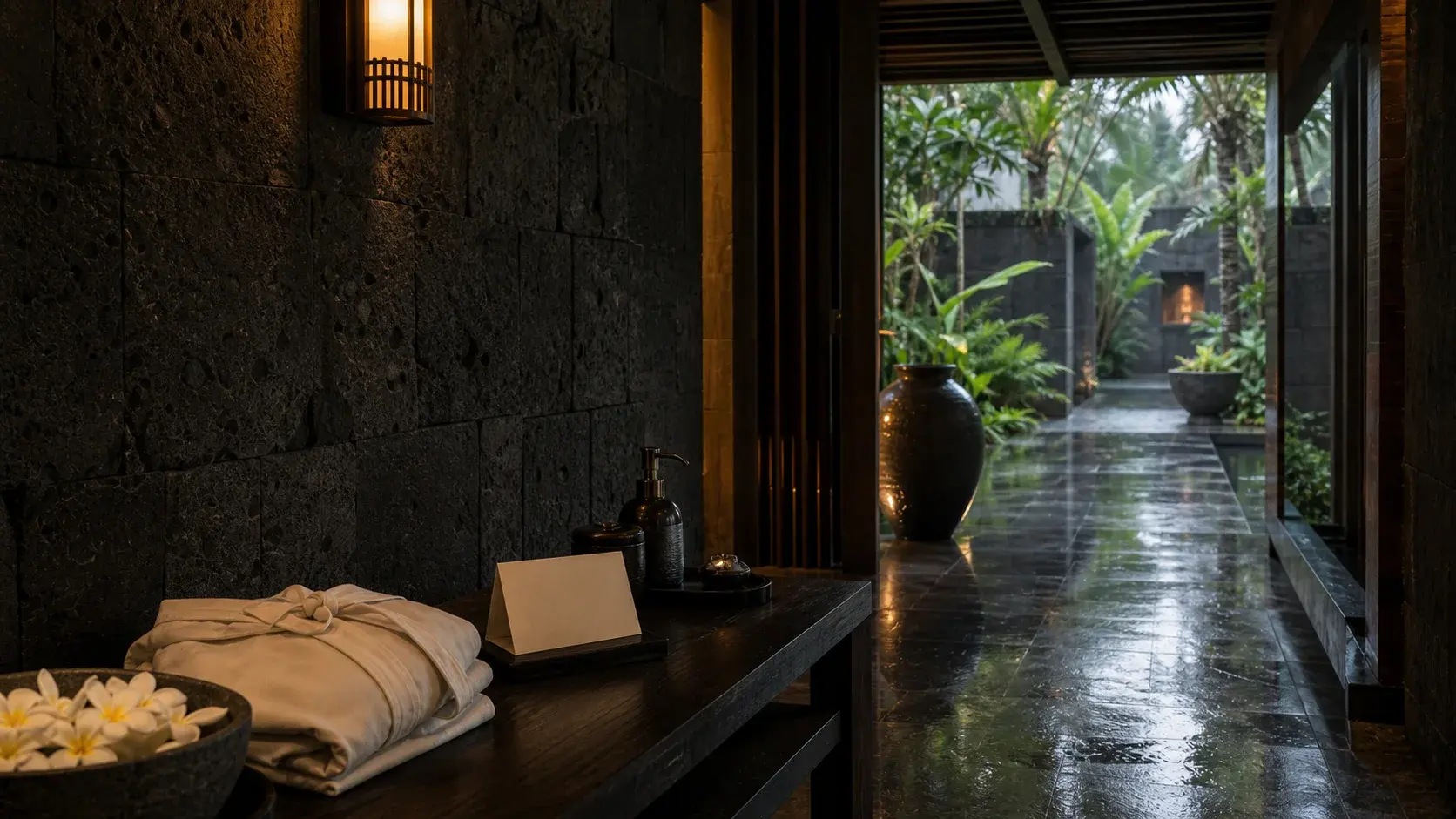 Bali, Indonesia shown as Bali volcanic-stone spa corridor for VIAIVE, with spa corridor, frangipani, linen robe.