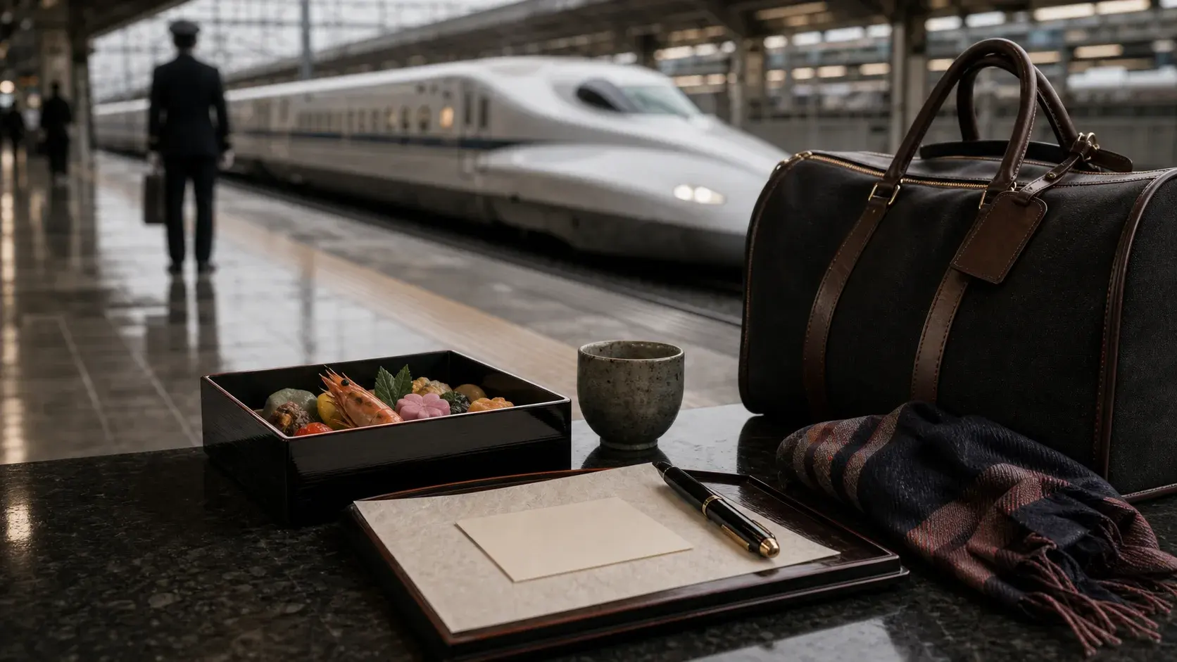 Japan shown as premium rail routing platform detail for VIAIVE, with lacquer bento, soft luggage, train silhouette.