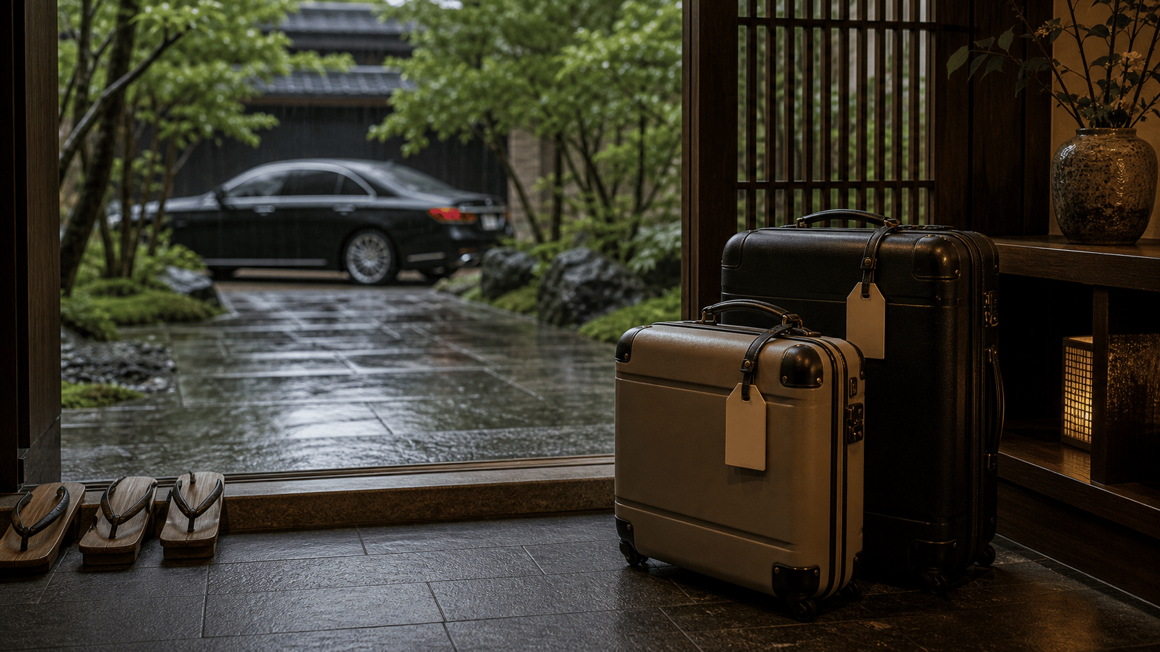 Japan Routing Without Losing Pace shown as ryokan-to-train luggage transfer threshold for VIAIVE, with genkan, tailored luggage, private car blur.