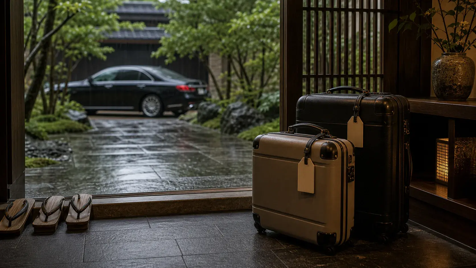 Japan Routing Without Losing Pace shown as ryokan-to-train luggage transfer threshold for VIAIVE, with genkan, tailored luggage, private car blur.