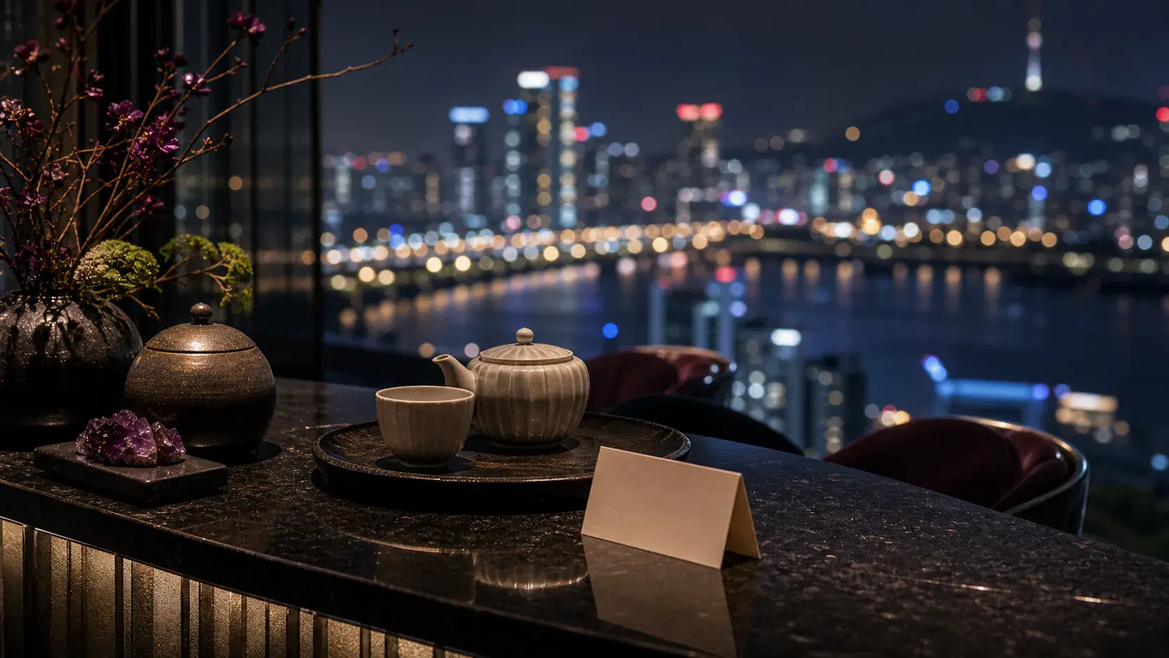 Seoul high-floor hotel lounge with dining, river, and seasonal placement atmosphere.