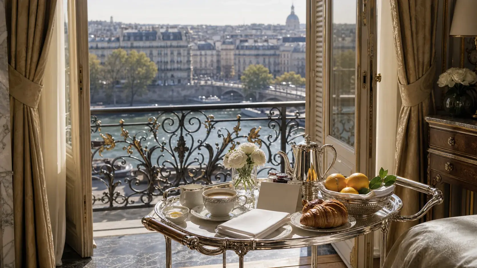 Paris, France shown as Paris palace breakfast trolley at balcony for VIAIVE, with silver trolley, pastry service, marble threshold.
