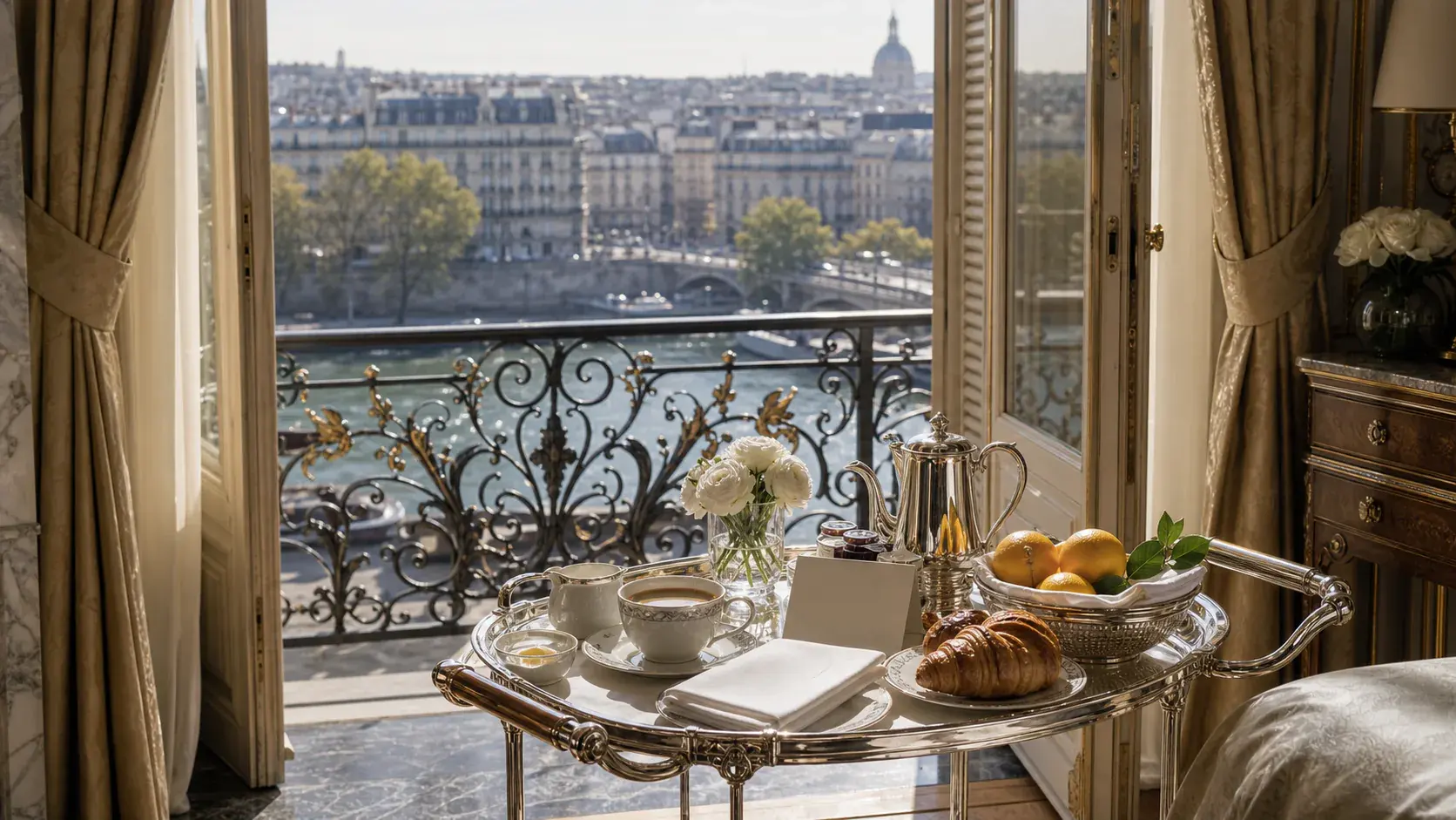 Paris palace-hotel breakfast and balcony atmosphere with suite-category and dining cues.