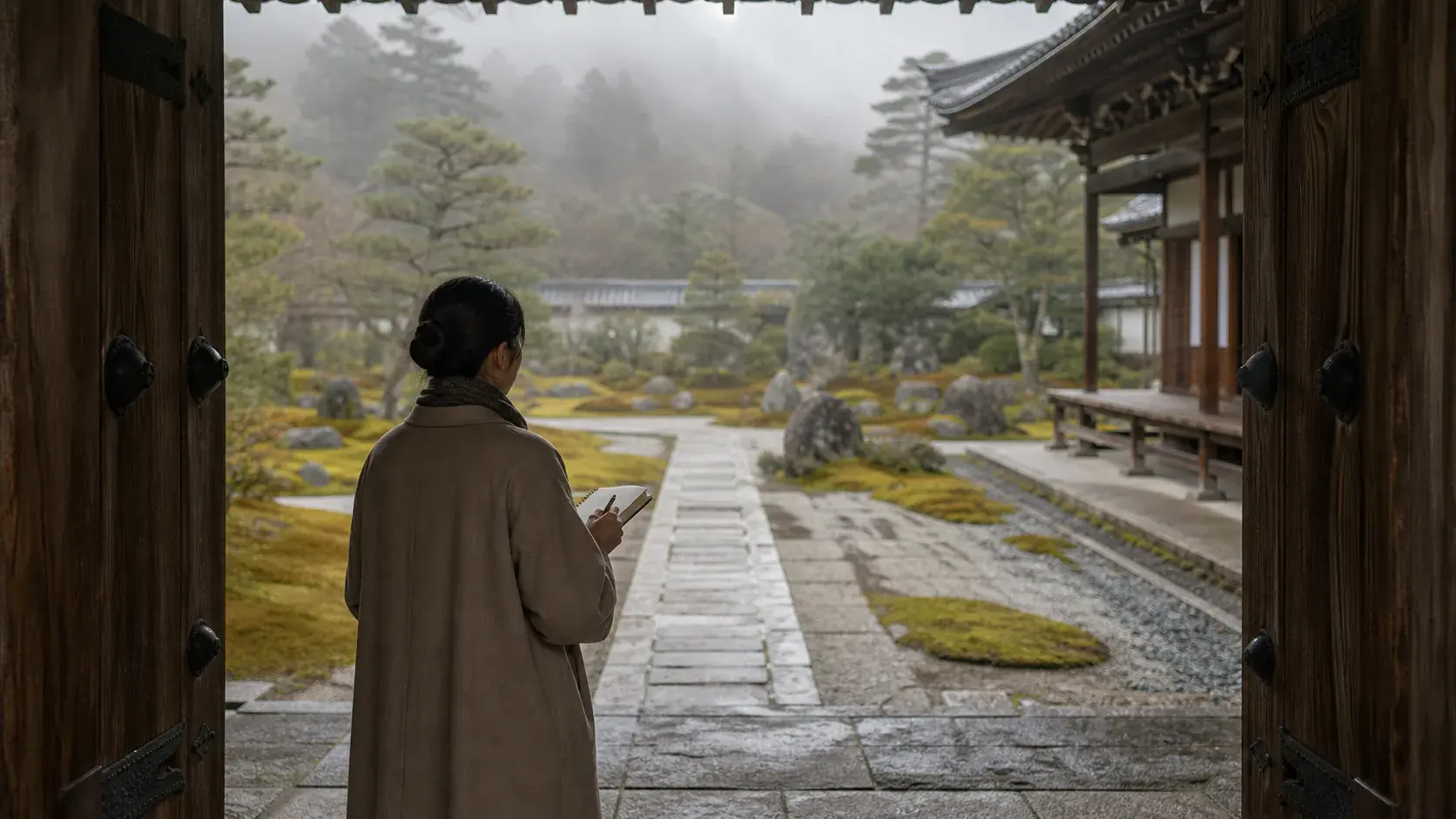 Private Guides in Kyoto shown as pre-opening Kyoto garden private access for VIAIVE, with cedar gate, moss, guide notebook.