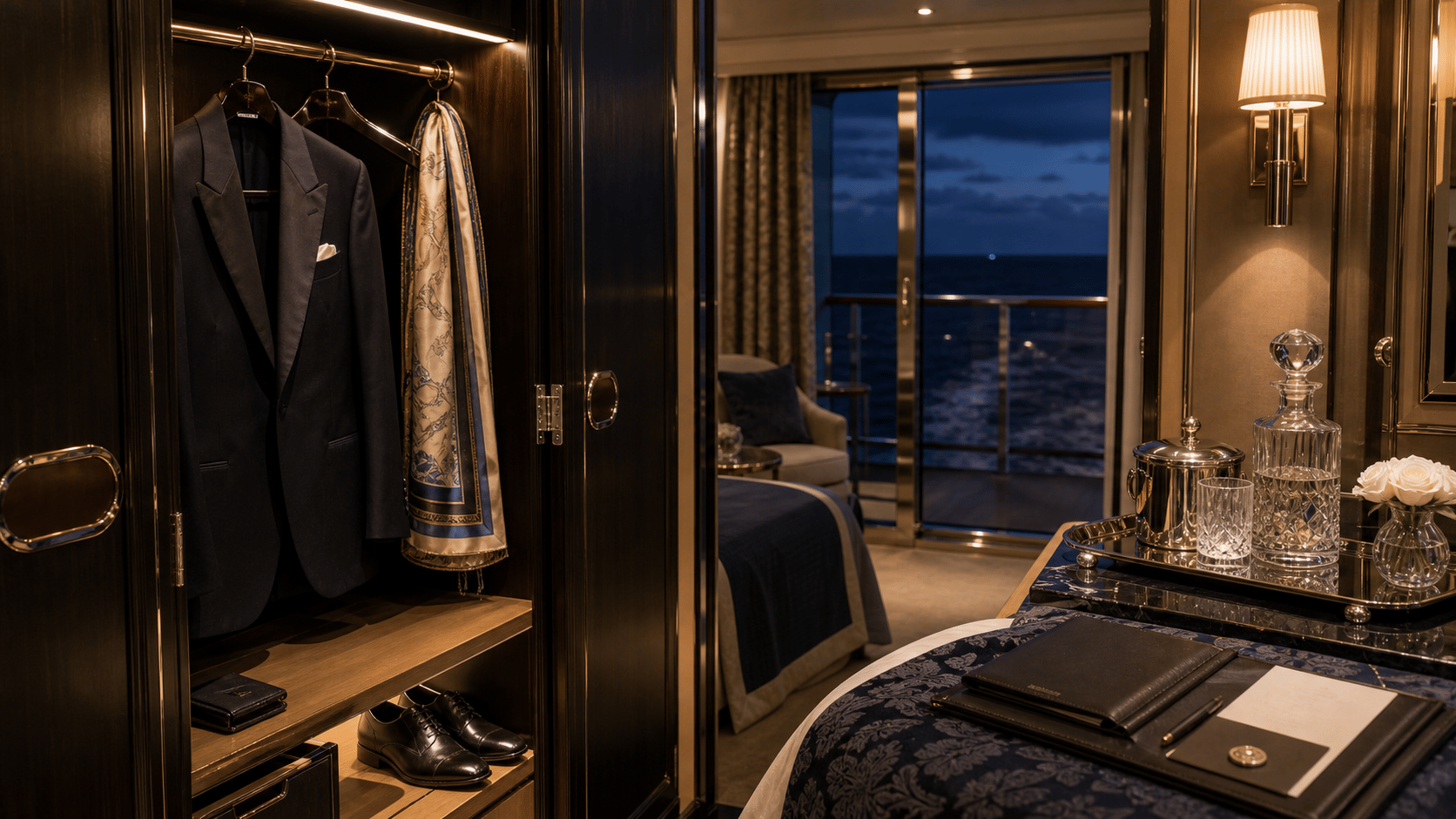 Silversea vs. Regent Seven Seas shown as ocean cruise suite wardrobe evening service for VIAIVE, with tailored wardrobe, balcony horizon, crystal glassware.