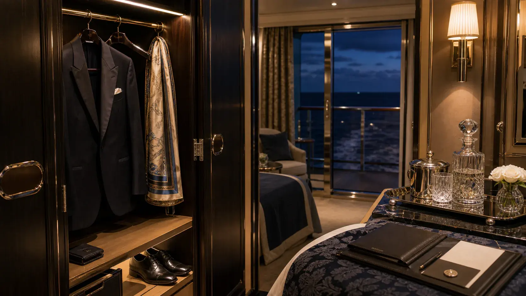 Silversea vs. Regent Seven Seas shown as ocean cruise suite wardrobe evening service for VIAIVE, with tailored wardrobe, balcony horizon, crystal glassware.