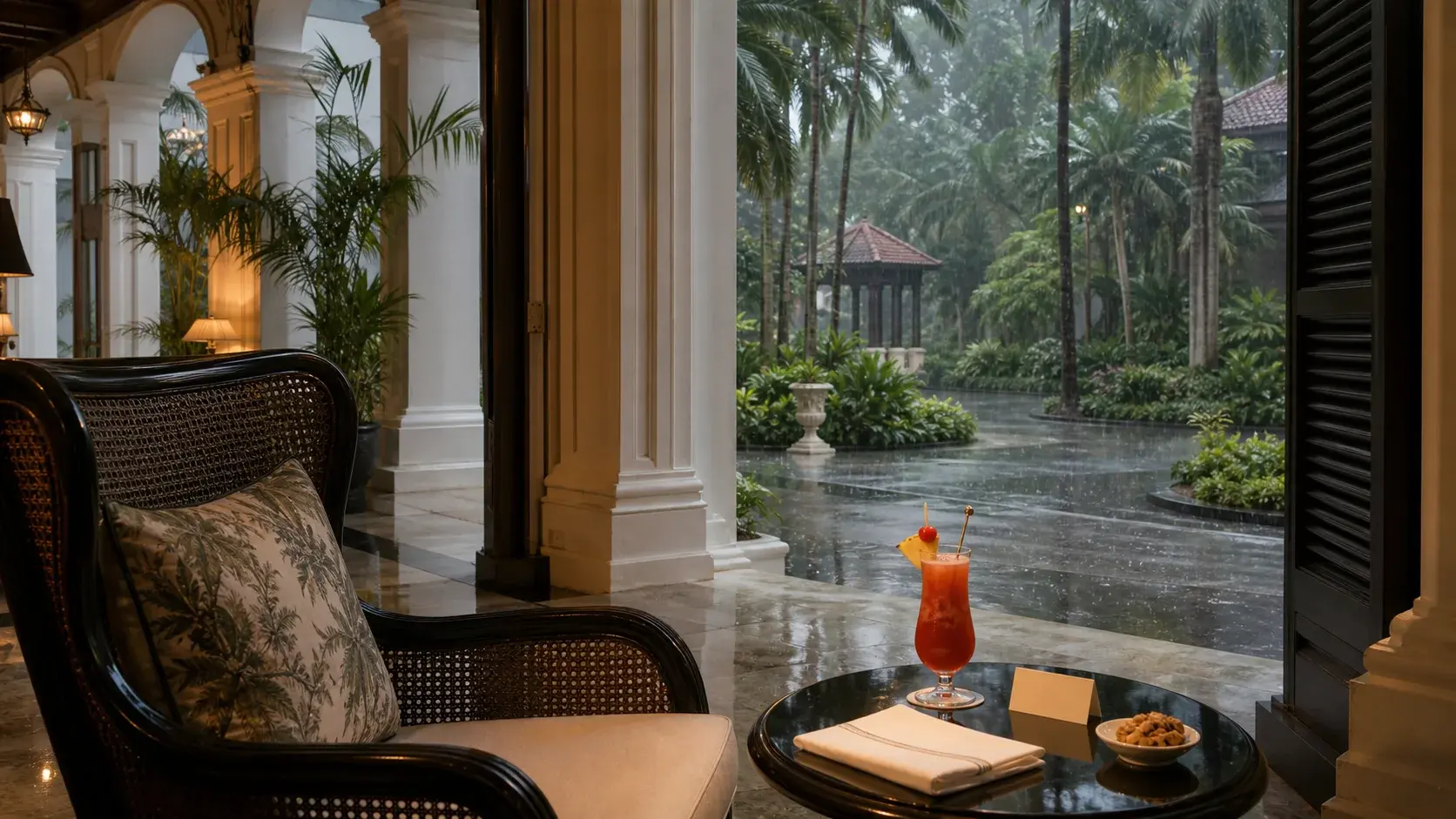 Singapore shown as colonial veranda in tropical rain for VIAIVE, with rattan, marble, rain garden, chilled linen.