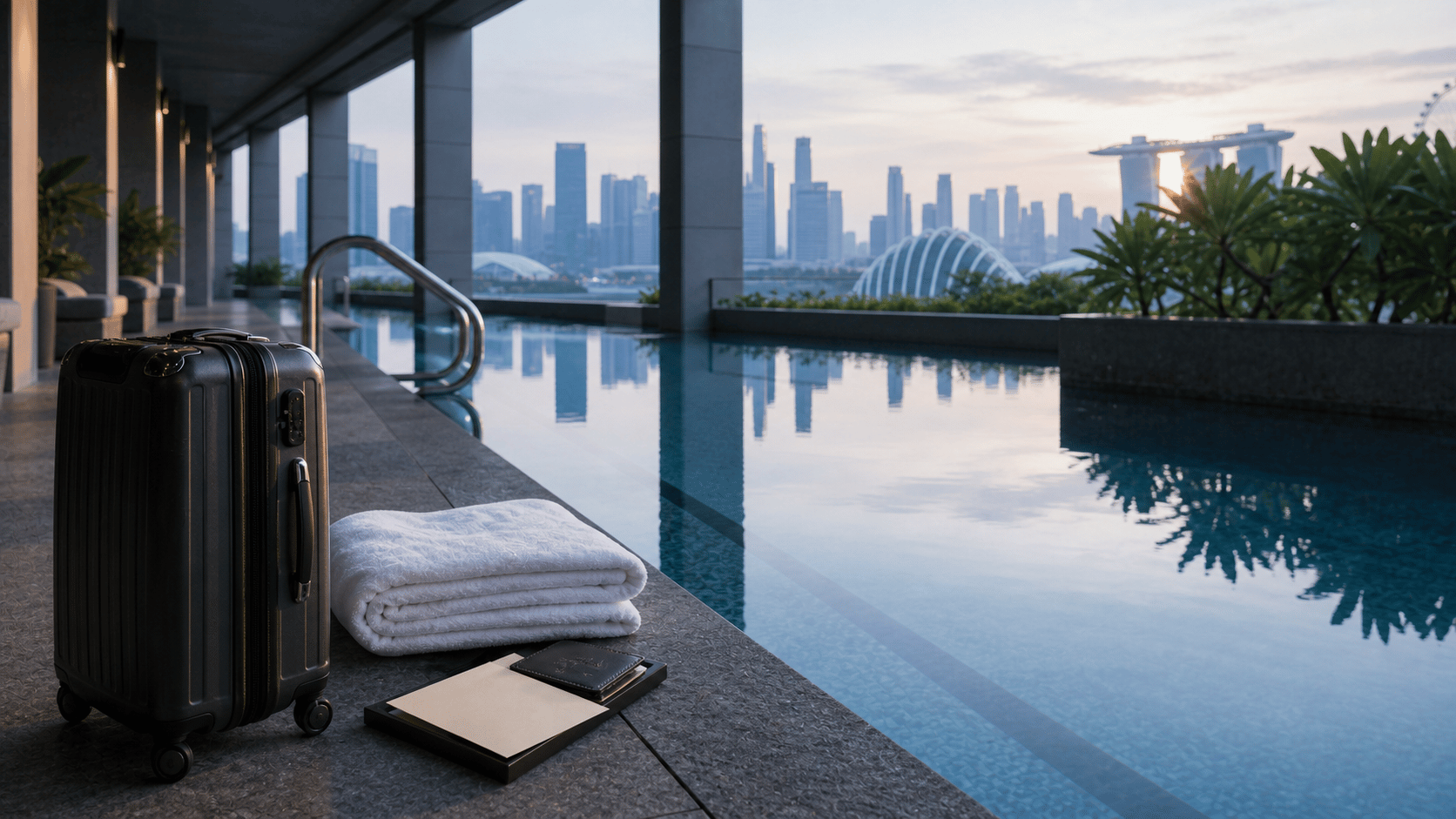 Singapore as a Route Anchor shown as airport-hotel lap pool route reset for VIAIVE, with quiet pool edge, carry-on, skyline reflection.
