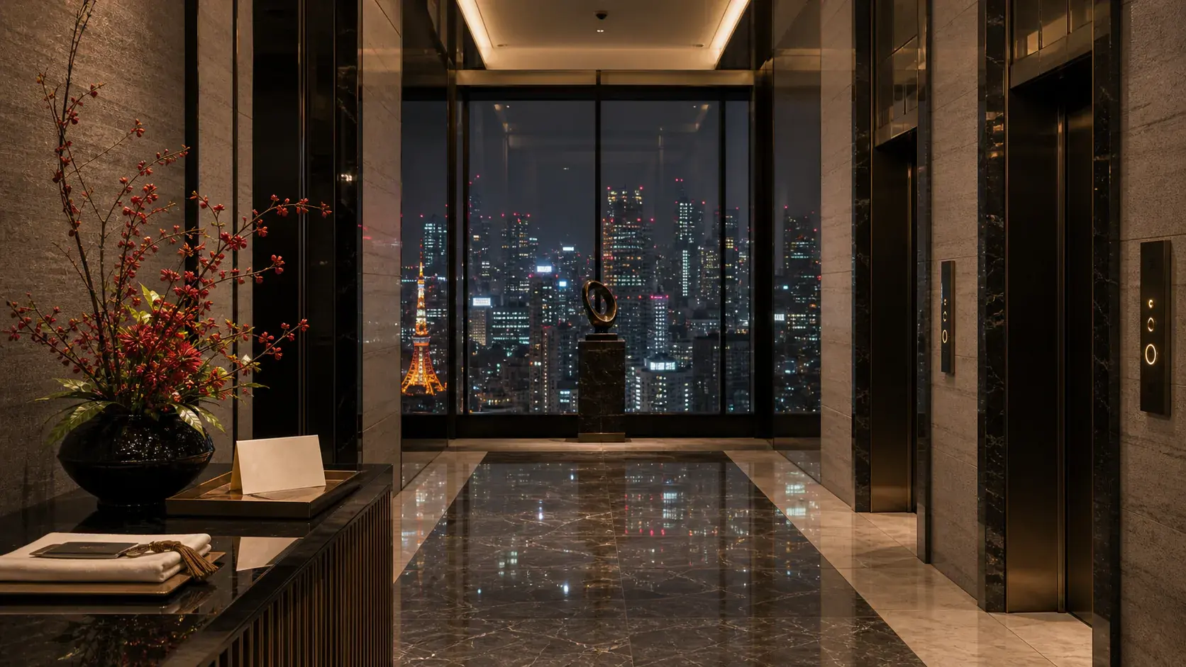 Tokyo high-floor hotel arrival with skyline reflection, stone lobby detail, and room-category atmosphere.