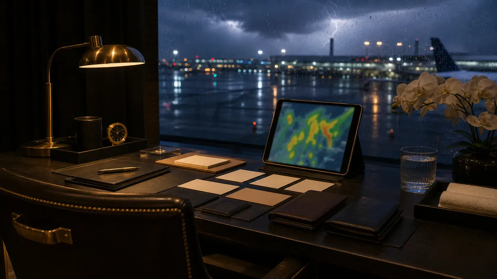 Travel Protection shown as storm-lit contingency operations room for VIAIVE, with passport covers, tablet glow, brass lamp.