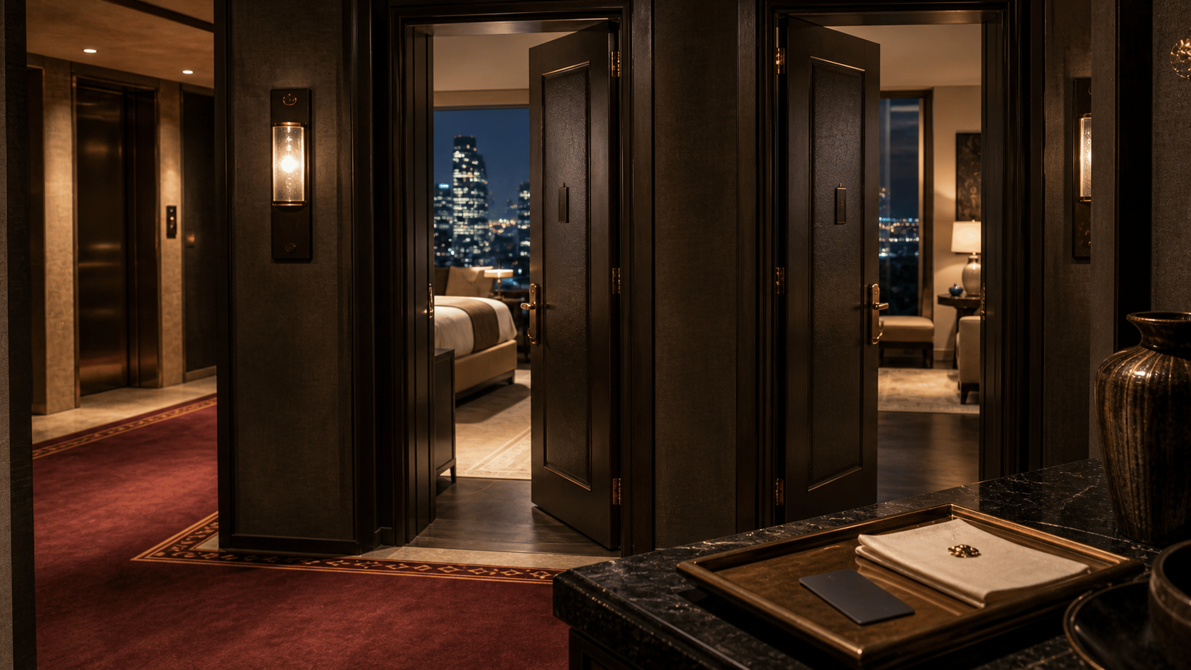 Why Room Category Beats Headline Rate shown as five-star corridor room-category decision for VIAIVE, with suite doors, linen tray, turn-down craft object.