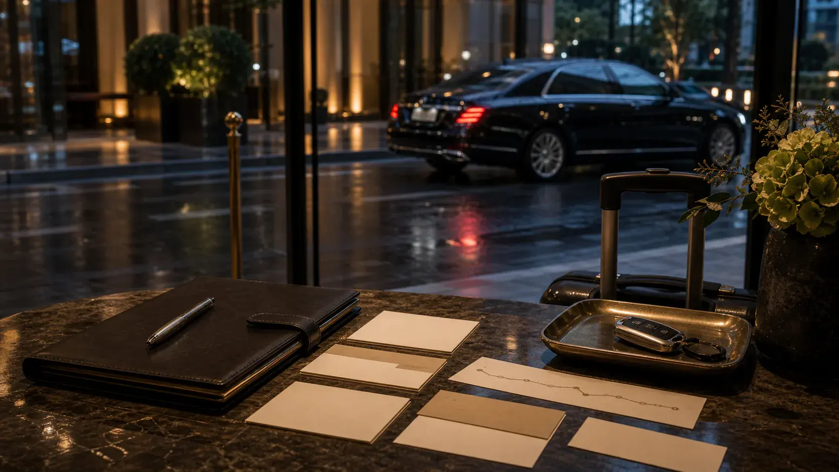 A discreet private arrival — vehicle and detail coordinated out of sight.