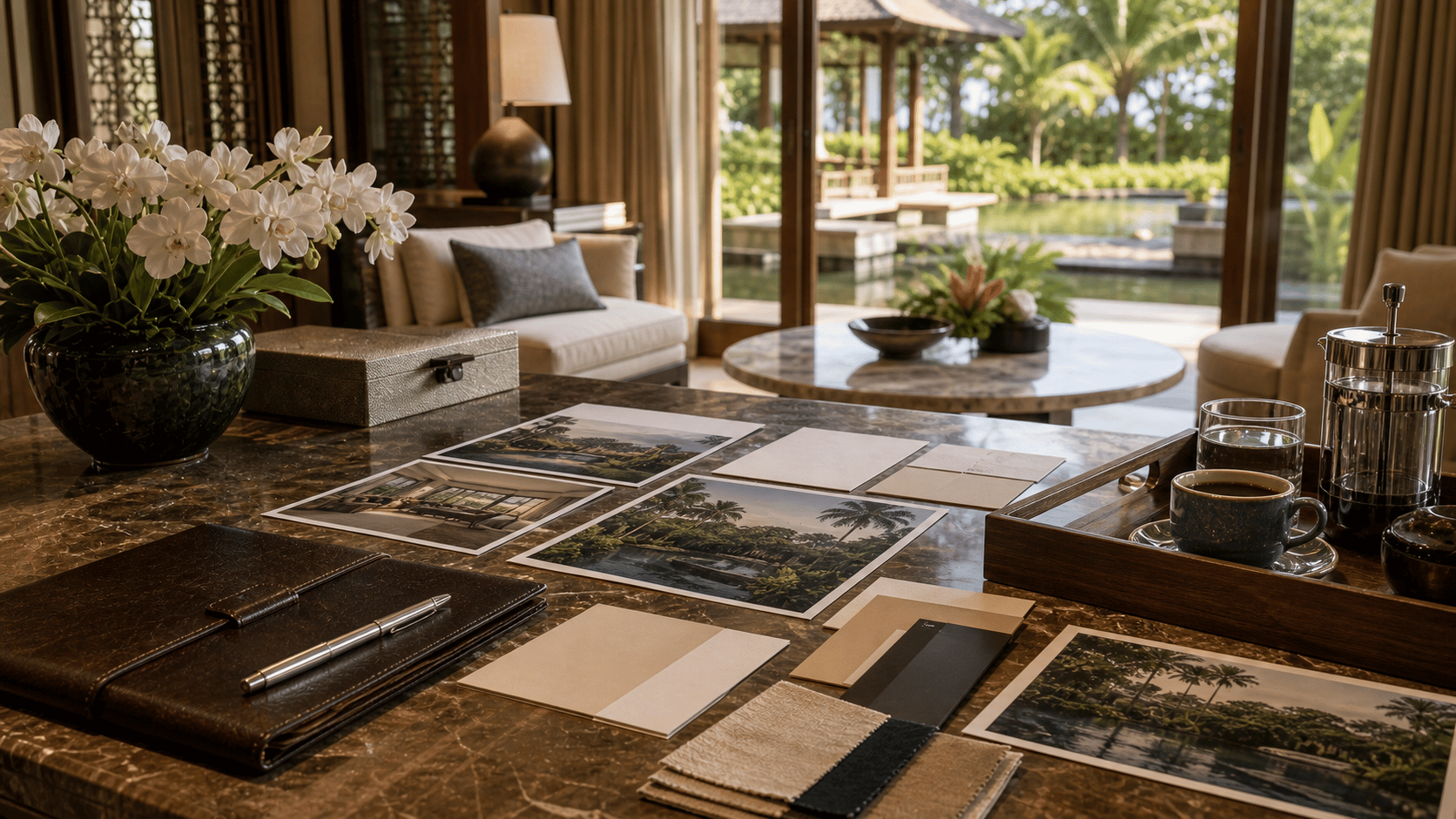 Luxury resort arrival detail — material study of stone, bronze, and flowers.
