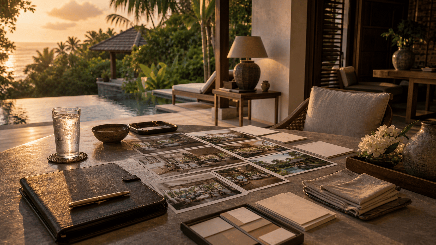 A staffed private villa terrace at sunset beside an infinity pool — the villa side of the villa-versus-hotel decision.