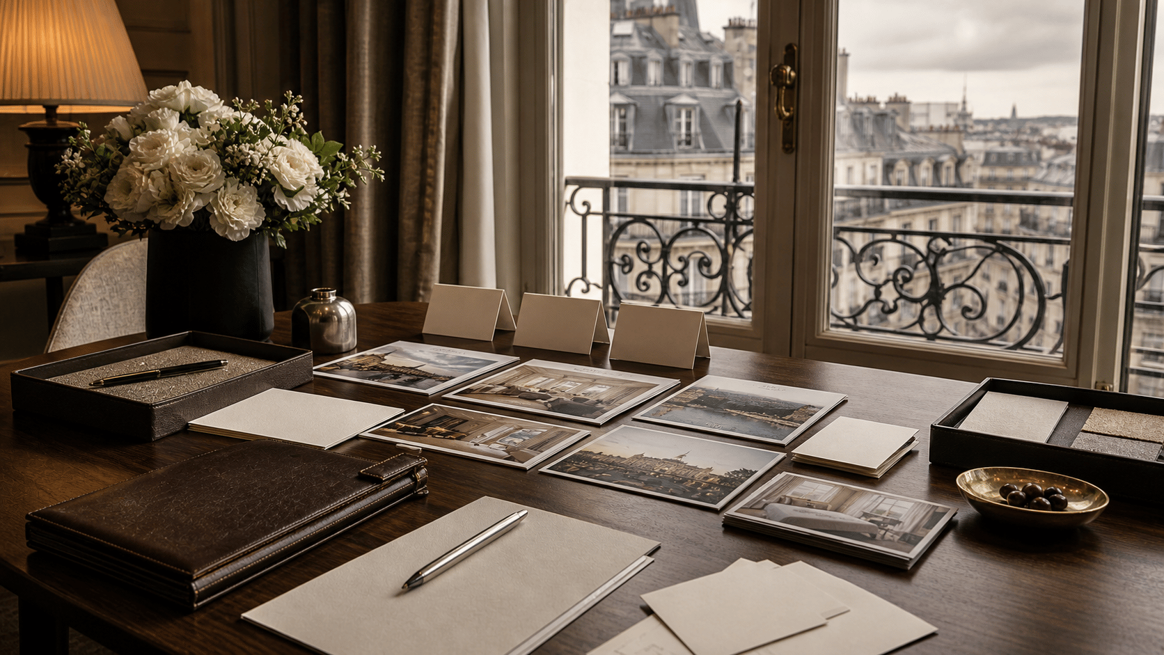 A private advisory planning desk with property photographs and itinerary notes laid out — the advisor-led path in the direct-versus-advisor-versus-portal decision.