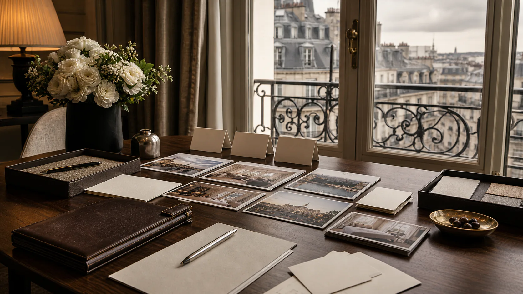A considered planning desk with property photographs and itinerary notes laid out — the advisor-led path in the direct-versus-advisor-versus-portal decision.