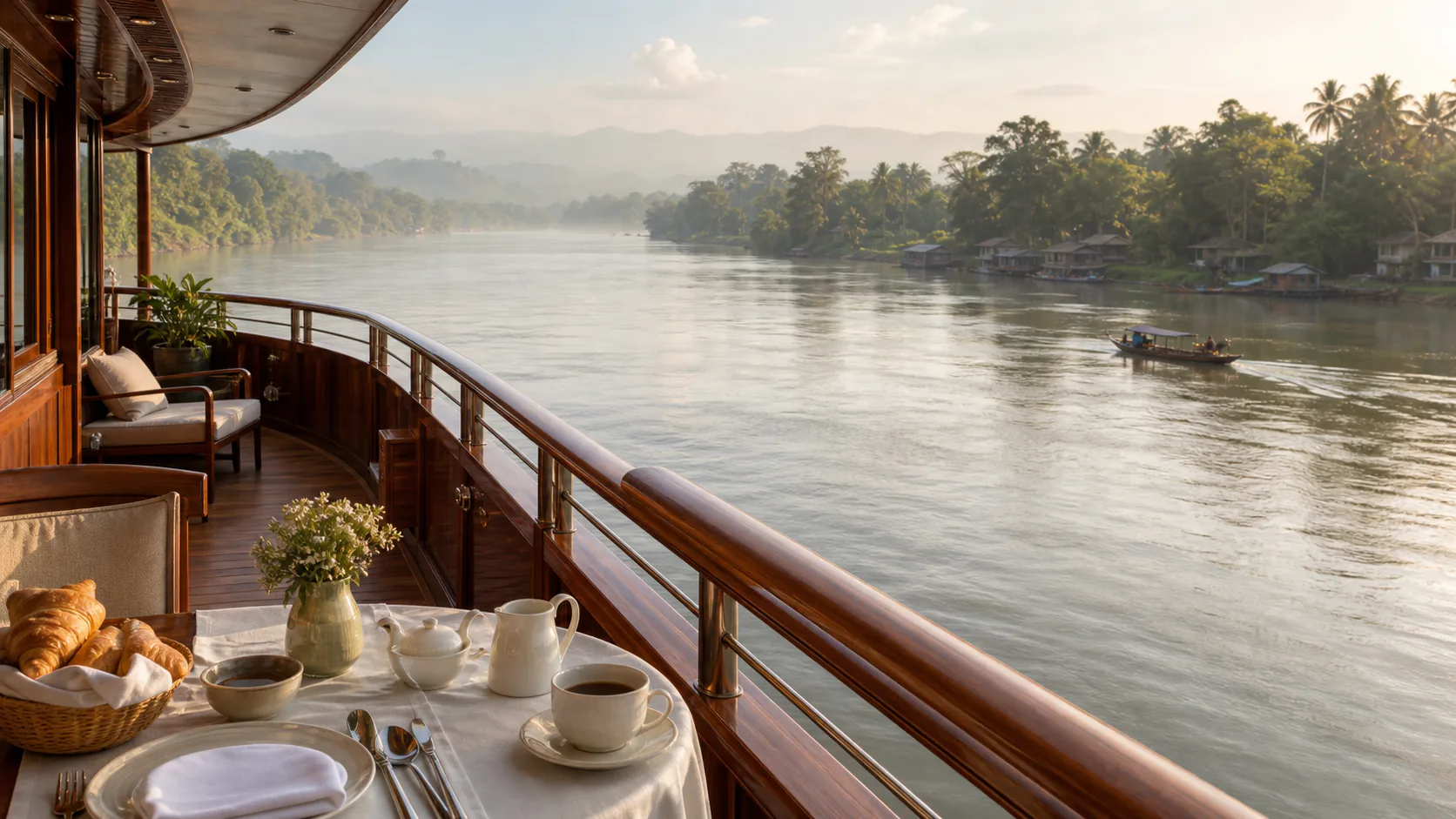 A river-and-island cruise route taken slowly through Southeast Asia — Mekong observation deck at dawn.