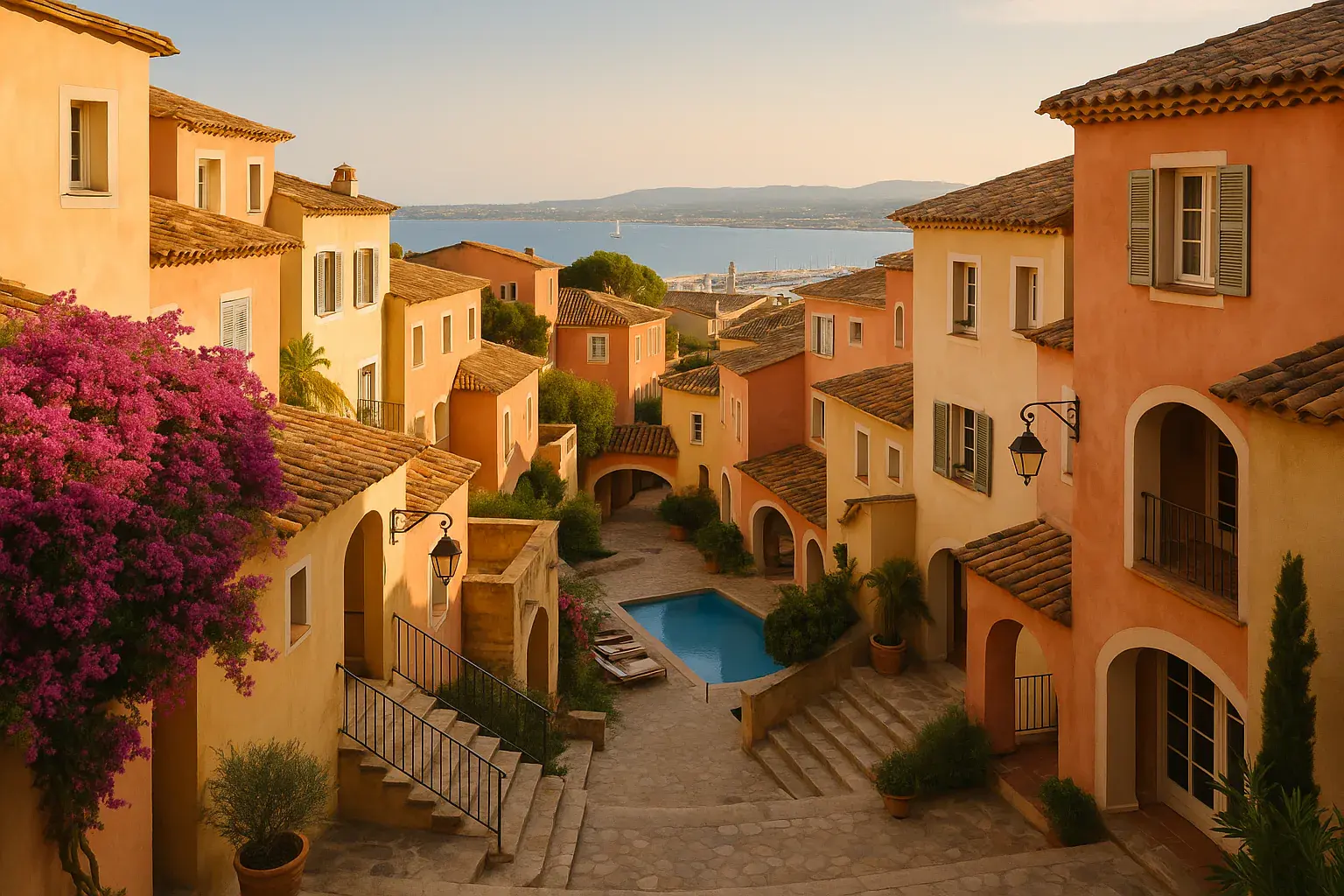Hotel Byblos Saint-Tropez, the 1967 Provençal hillside village hotel, showing pastel stucco buildings, terracotta roofs, and stairways tumbling toward the Saint-Tropez port.