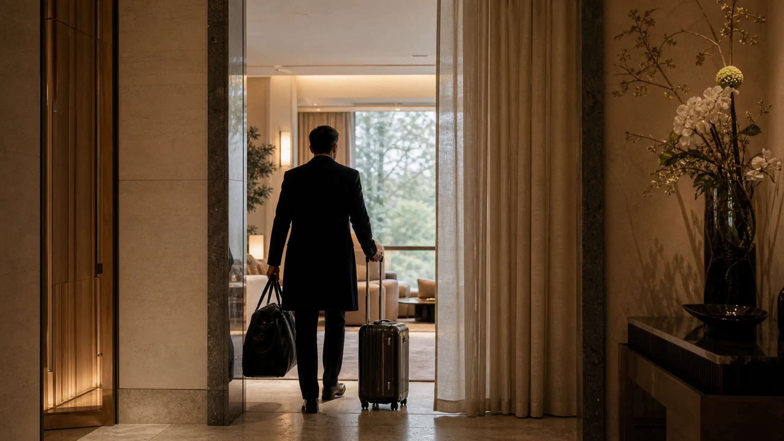 Private suite threshold with tailored luggage, flowers, and warm hospitality materials.