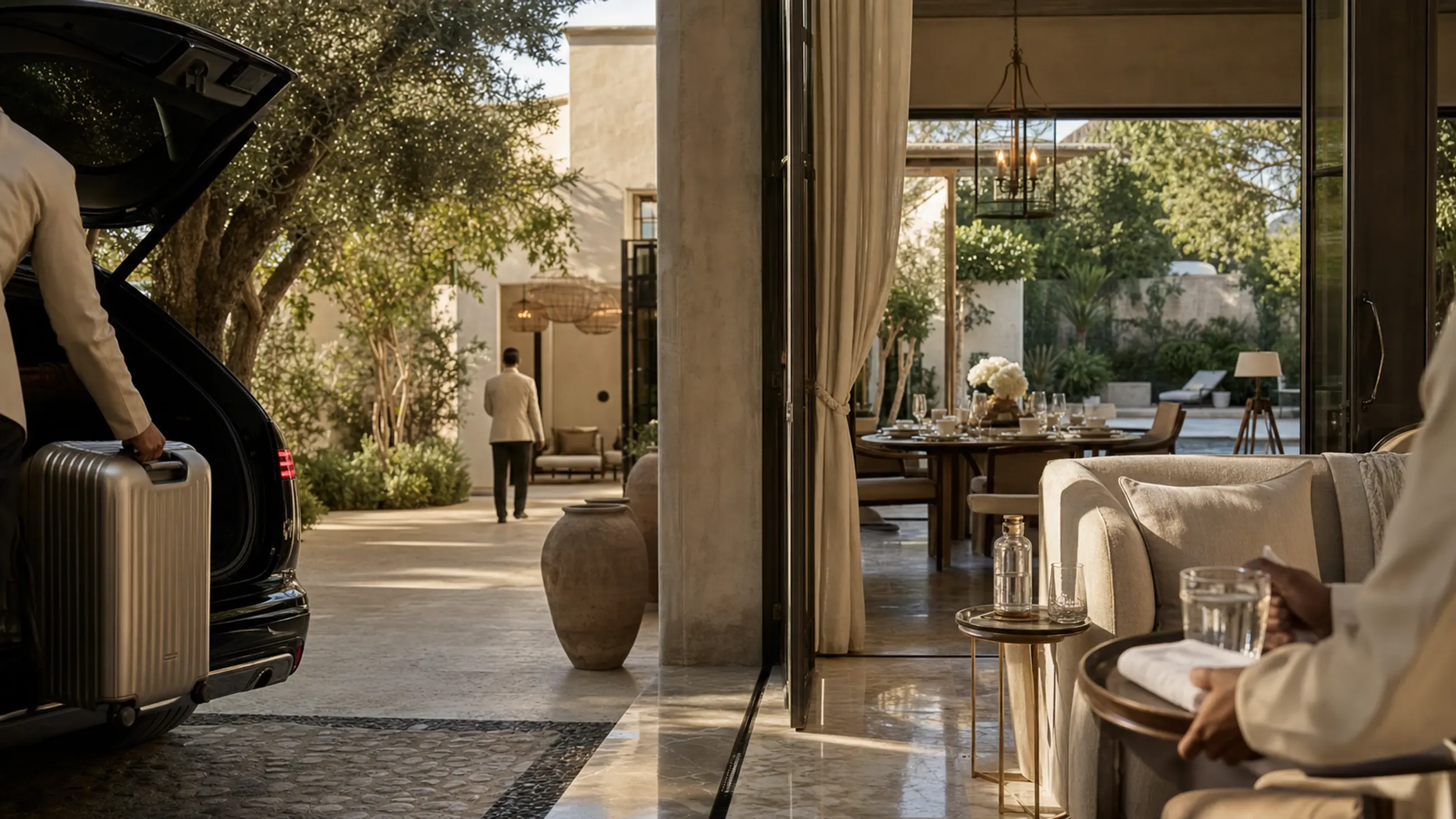 Private estate arrival with tailored service, luggage, and warm evening light.