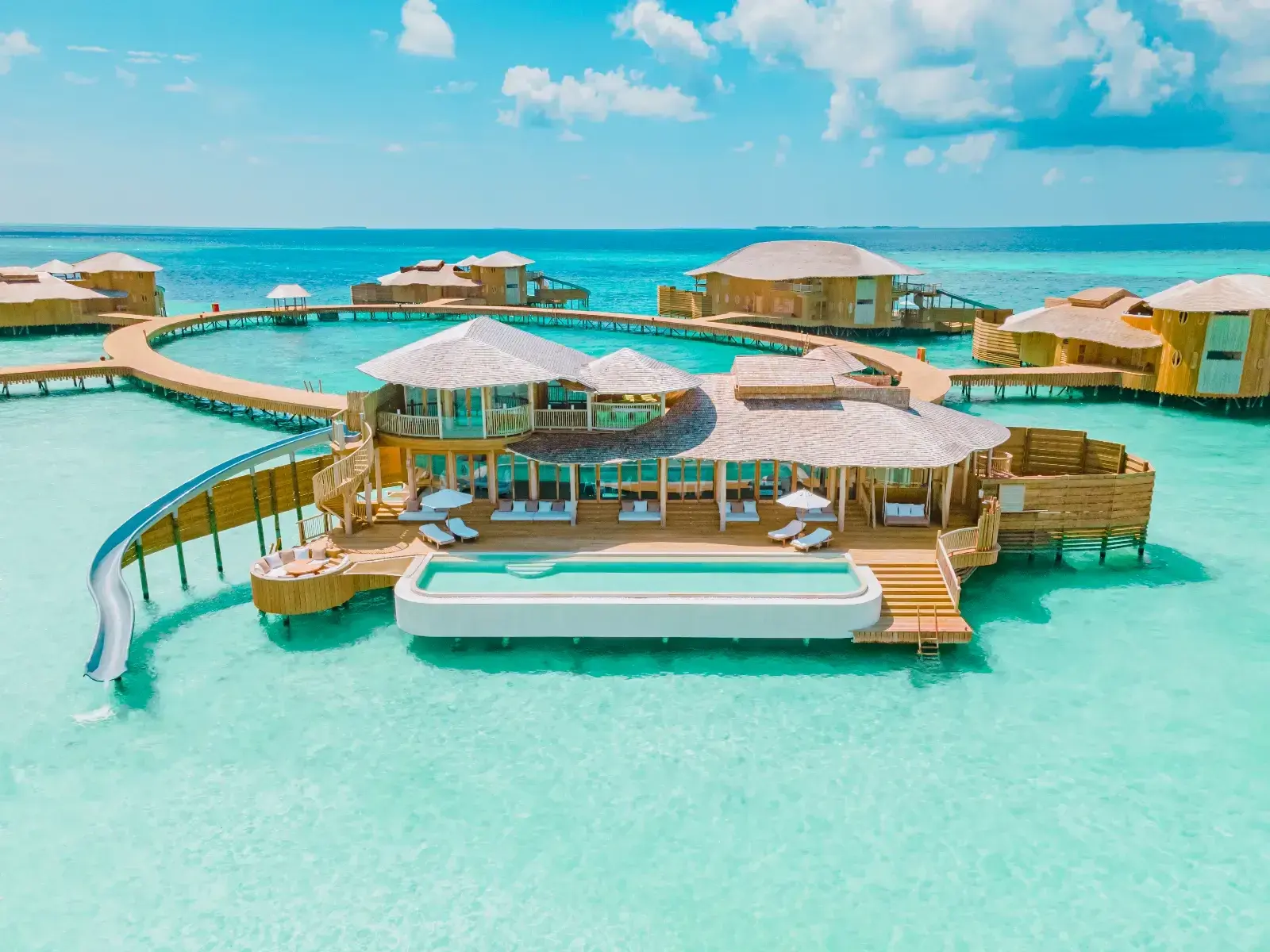 Aerial view of Soneva Jani over the Maldivian lagoon