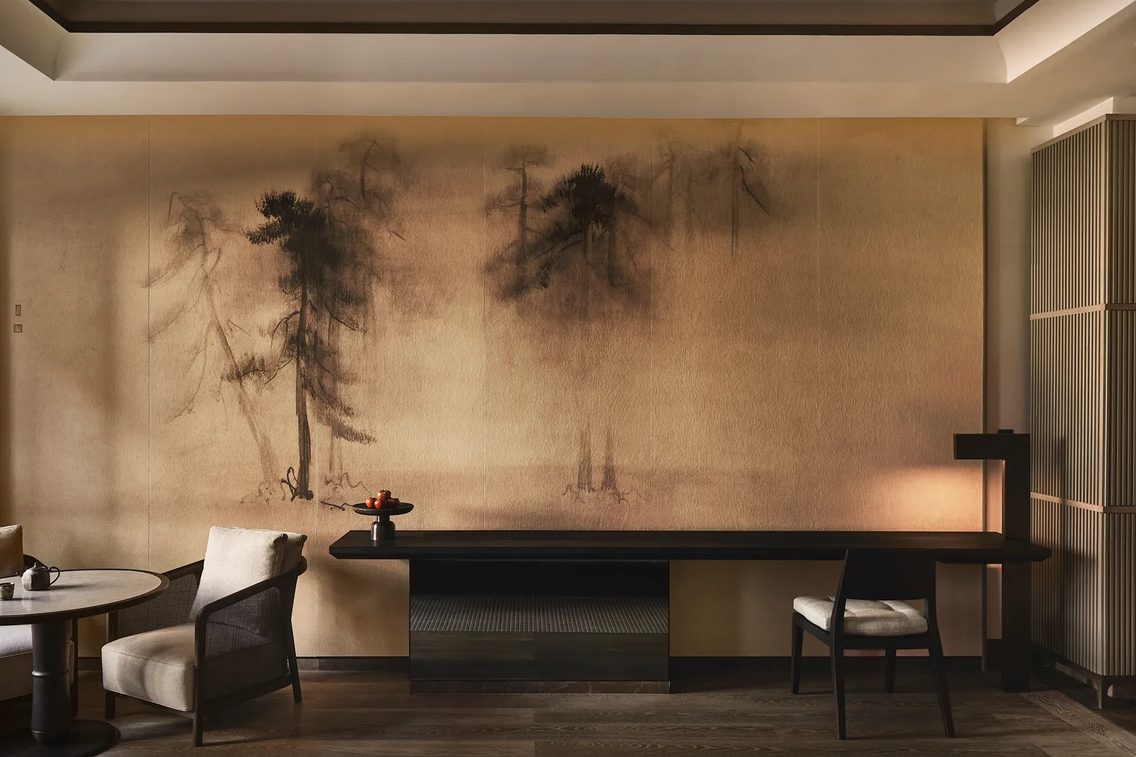 Premier Suite interior at Aman New York with custom wall art