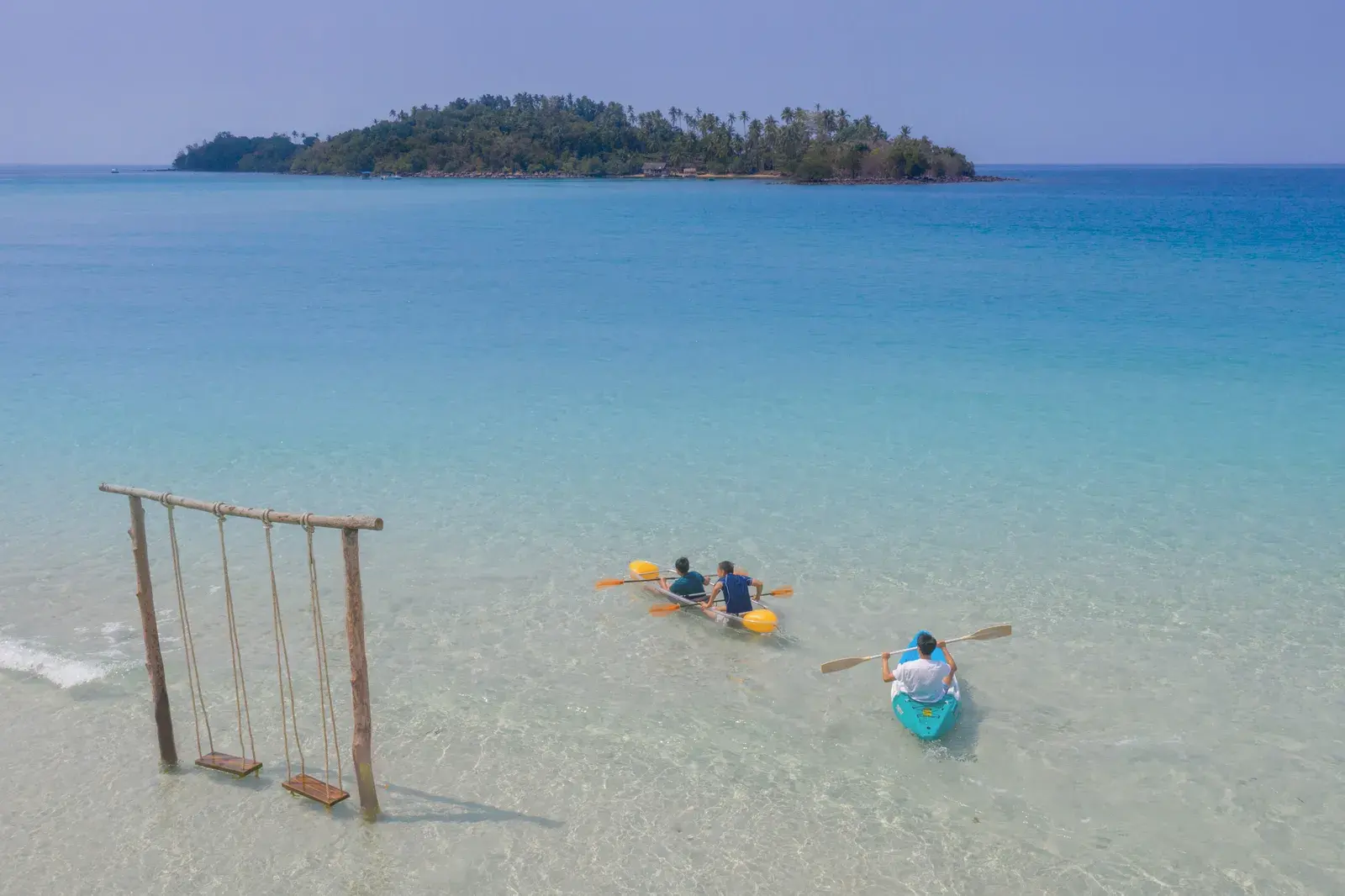 Kayaking on the calm lagoon at Soneva Kiri