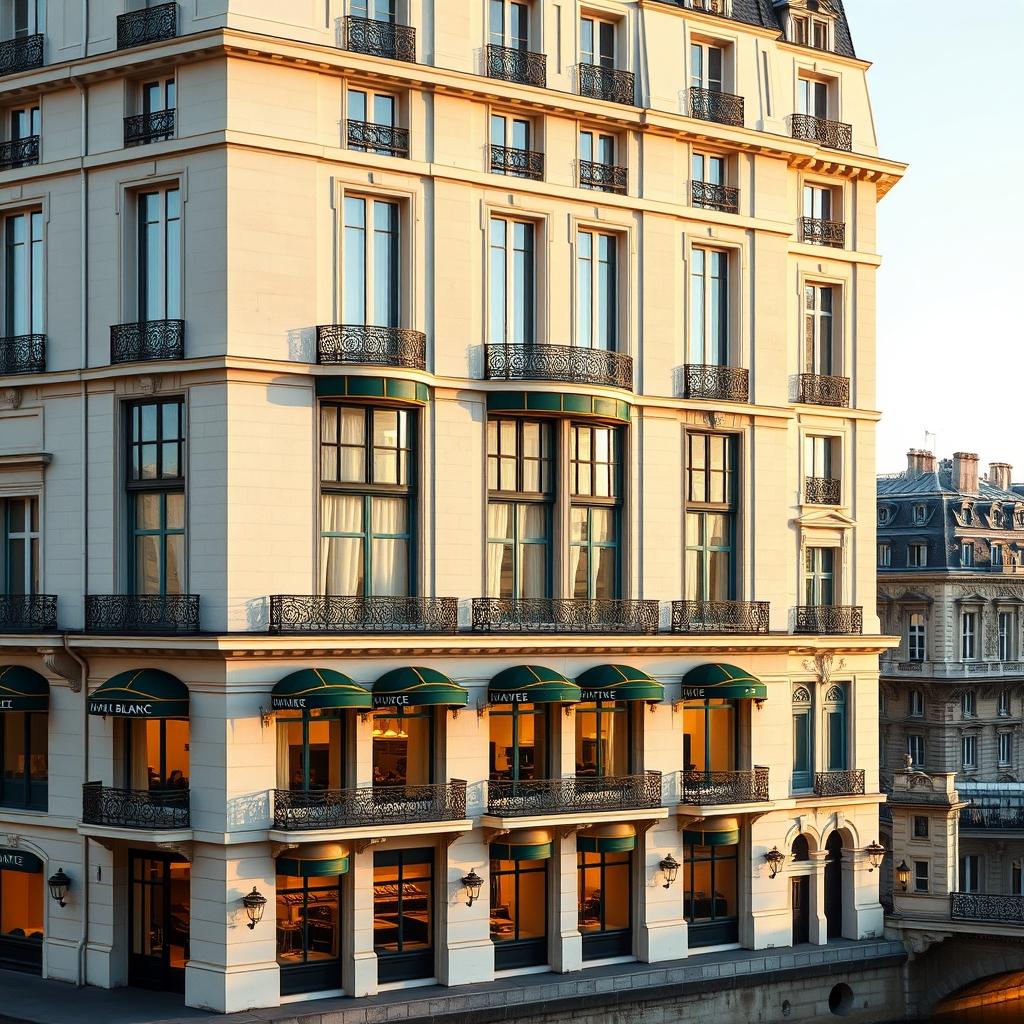 Cheval Blanc Paris shown as the converted Samaritaine Belle Époque limestone facade on the Seine, with green-and-gold striped awnings over ground-floor windows and ornate wrought-iron Art Deco balconies.