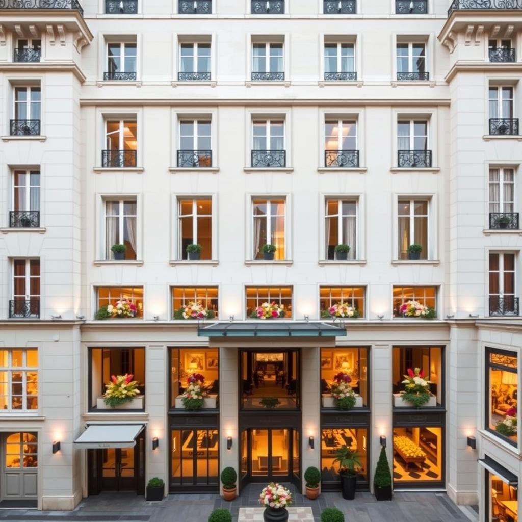 Four Seasons Hotel George V shown as the 1928 Art Deco courtyard building facade near the Champs-Elysees, with symmetrical wrought-iron Juliet balconies, stone pilasters, warmly lit interior salons, and clipped topiary in terracotta planters at dusk.