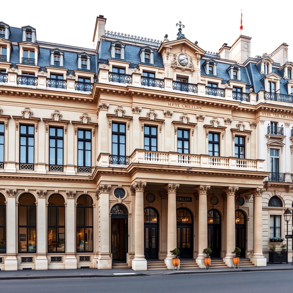 Hotel de Crillon shown as the 18th-century Gabriel neoclassical facade on Place de la Concorde, with a Corinthian colonnade entrance portico, carved stone pediments, and wrought-iron balustraded balconies beneath a mansard roof.