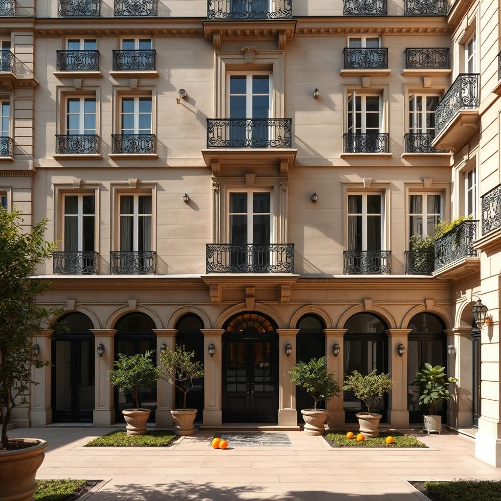 Le Bristol Paris shown as the 1925 limestone facade with a private garden courtyard in the Faubourg Saint-Honore, with wrought-iron Juliet balconies, carved stone window pediments, arched ground-floor arcade doors, and potted topiary in the sunlit courtyard.