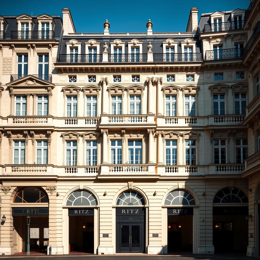 The Ritz Paris shown as the 17th-century Mansart facade on Place Vendôme, with tall arched doorways marked RITZ, Corinthian pilasters, dormer windows, and a mansard roof with decorative urn finials under a clear blue sky.