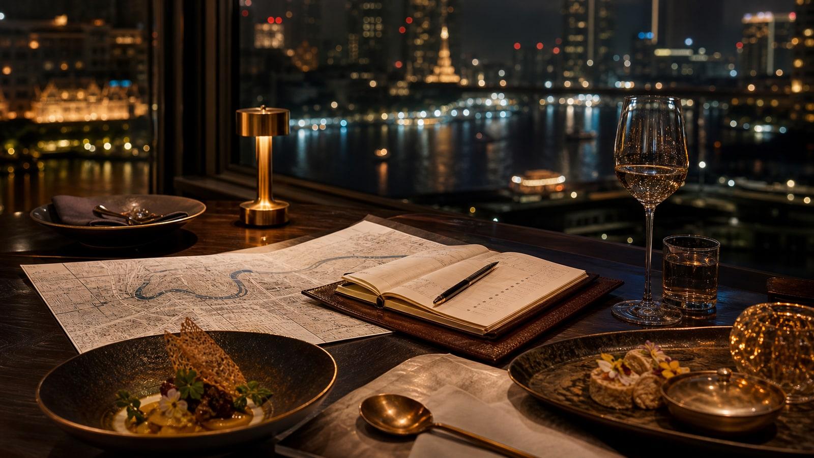 Bangkok fine-dining reservation planning table overlooking the Chao Phraya at night.