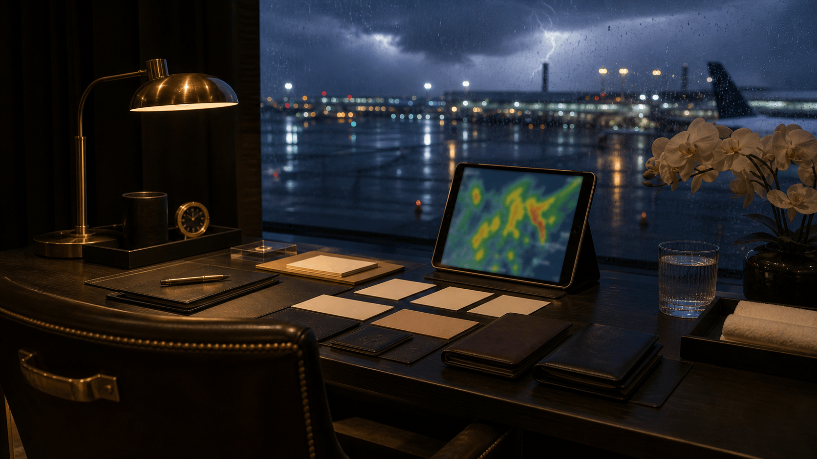Travel Protection shown as storm-lit contingency operations room for VIAIVE, with passport covers, tablet glow, brass lamp.