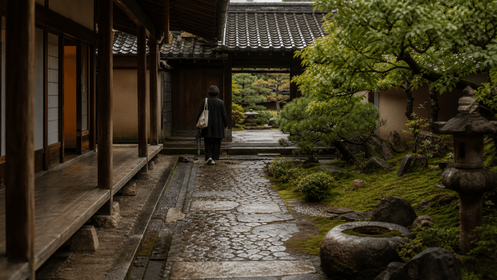 Kyoto garden path before crowds representing the Higashiyama food base.