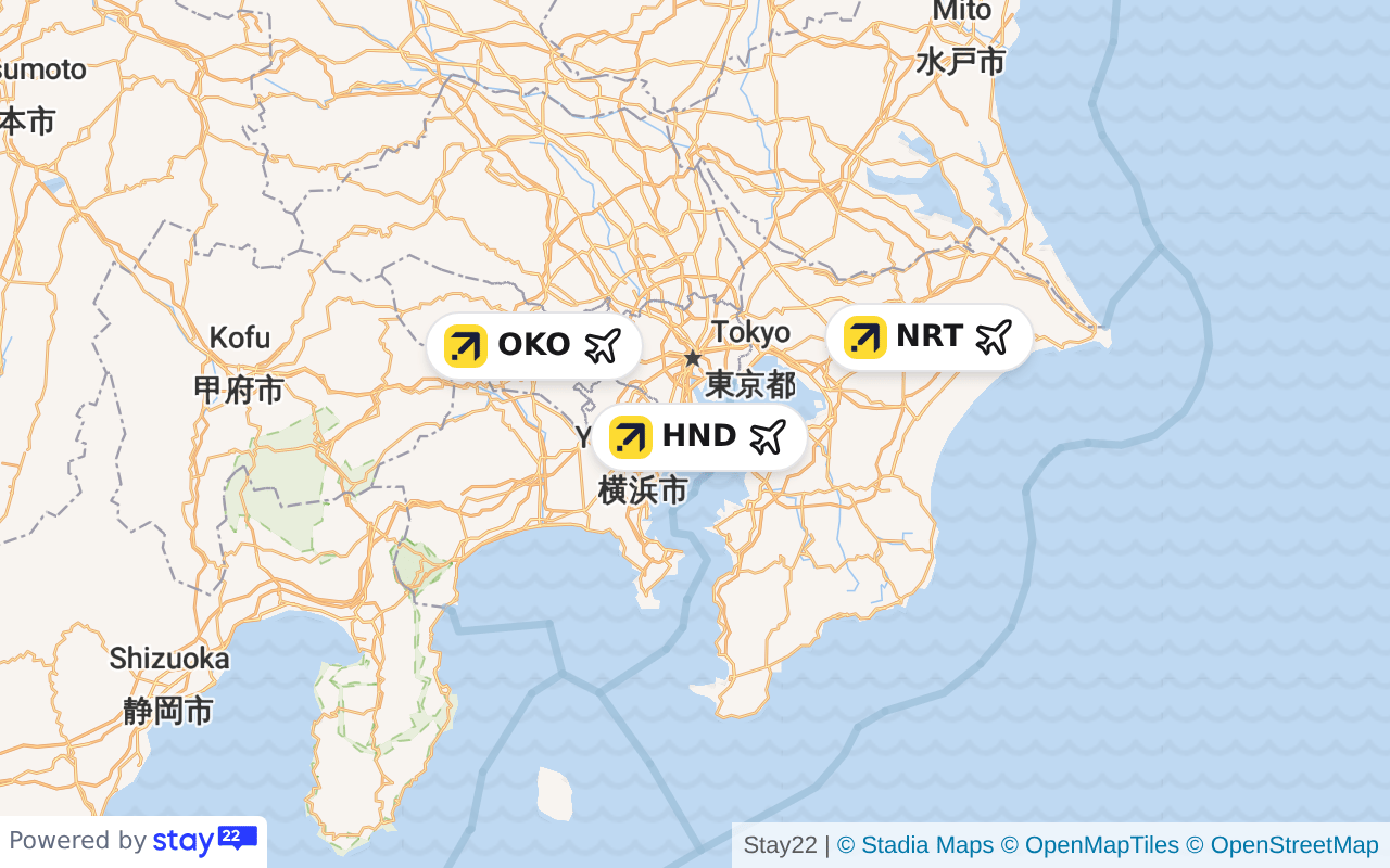 Area map of Tokyo showing where hotels and stays cluster.