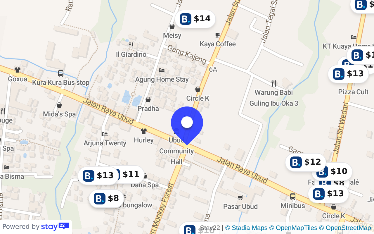 Area map of Bali showing where hotels and stays cluster.