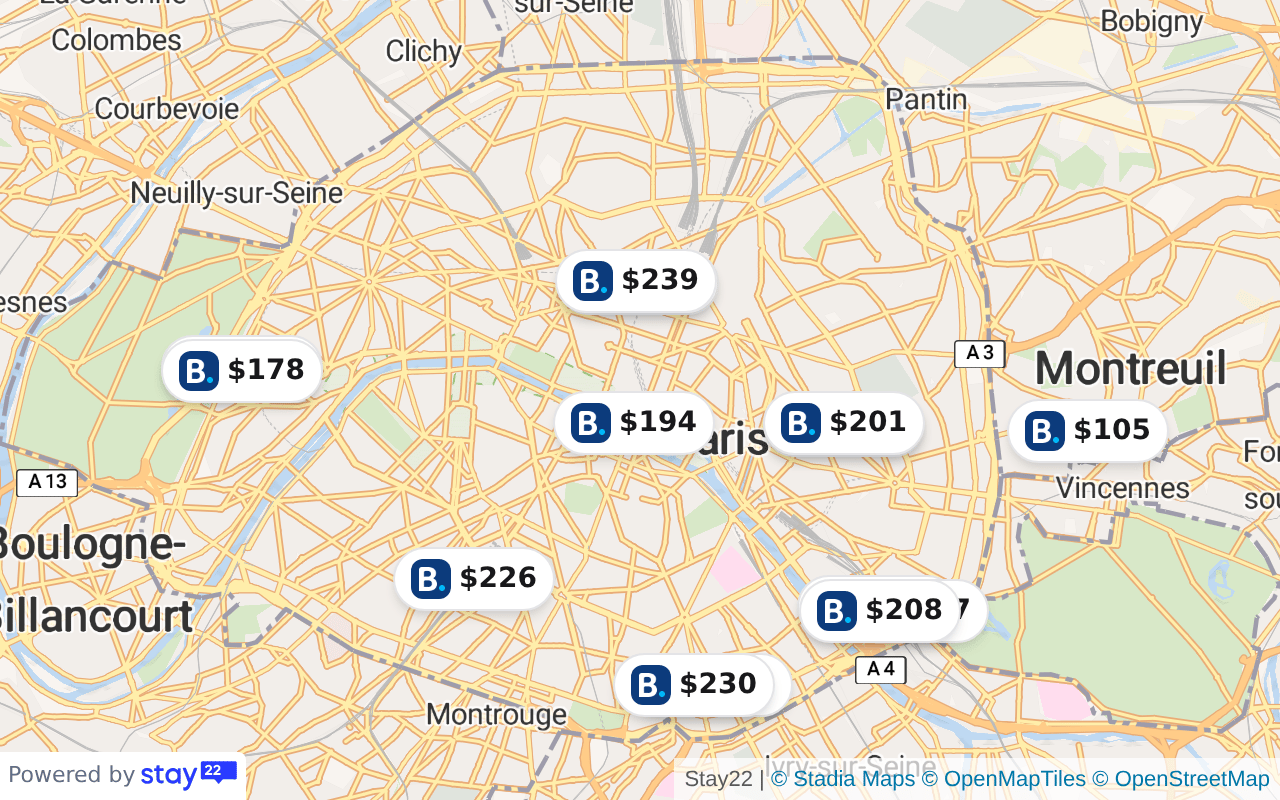 Area map of Paris showing where hotels and stays cluster.