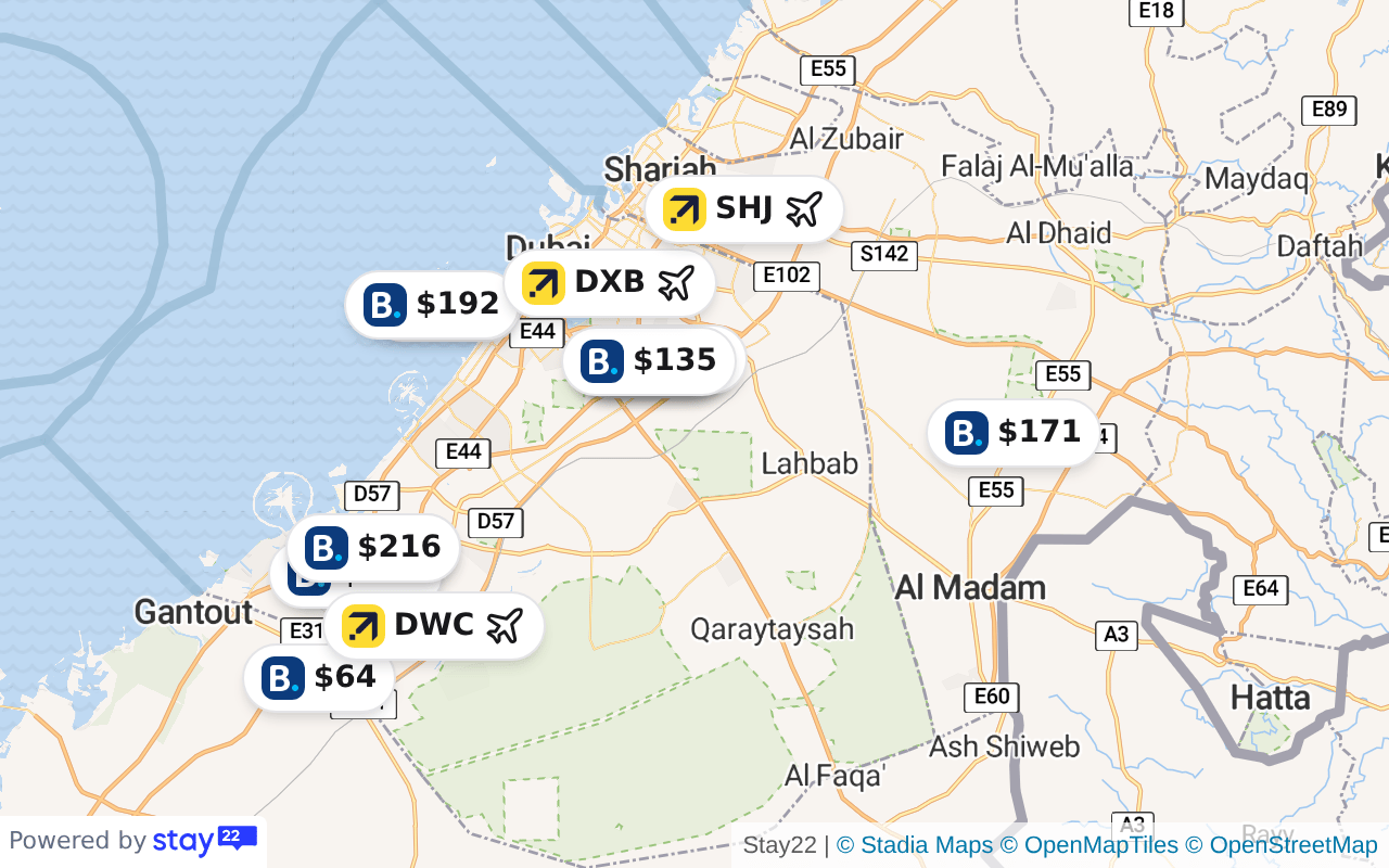 Area map of Dubai showing where hotels and stays cluster.