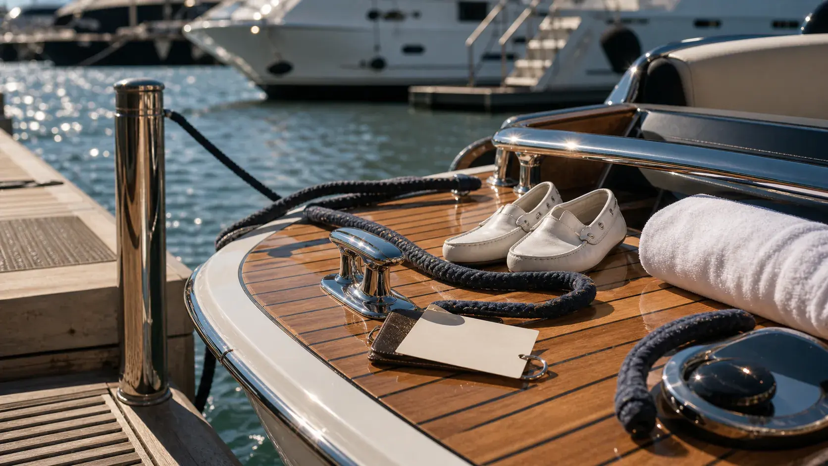 Private marina yacht tender boarding detail with teak deck, polished rail, and calm expedition atmosphere.